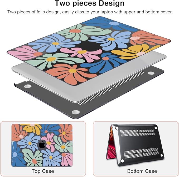for MacBook Pro 13 inch Case 2022 2021-2016 Release A2338 M2/M1 A2251 A2289 A2159 A1989 A1706 Touch Bar, Pattern Plastic Hard Shell & Keyboard Cover & Screen Film, Colorful Flowers Black