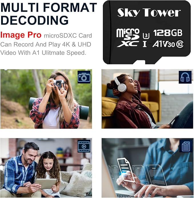 Sky Tower Ultra microSDXC microSDHC UHS-I Memory Card with Adapter [New Version] Flash Memory Card - Up to 100MB/s, U1, Class10, V10, A1, High Speed TF Card (128GB Micro SD Card 2 Pack)