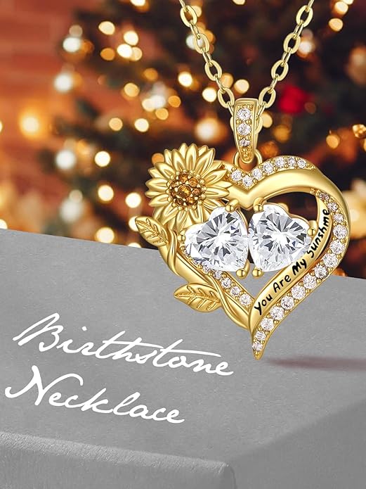 Sunflower Heart Necklace for Women 14K Gold Exquisite Valentines Day Anniversary Birthday Gifts for Wife Mother Her Double Birthstone Pendant Jewelry‘You Are My Sunshine’