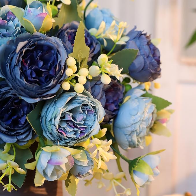 Floweroyal 4 Bunches Peony Artificial Flowers Teal Blue Flowers Silk Peonies Bouquets for Wedding Party Table Centerpieces Floral Arrangement Home Kitchen Decor