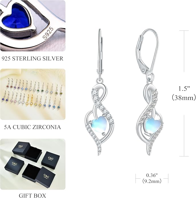 Infinity Heart Dangle Drop Earrings for Women, 925 Sterling Silver Birthstone Leverback Earrings, Birthday Anniversary Valentines Day Jewelry Gifts for Women Mom Her