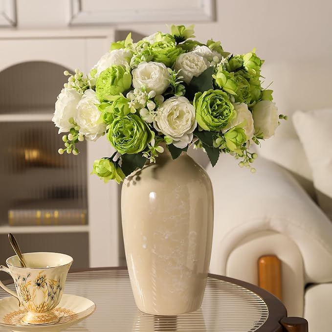 Floweroyal 2 Bunches Peony Artificial Flowers Green Flowers Silk Peonies Bouquets for Wedding Party Table Centerpieces Floral Arrangement Home Kitchen Decor