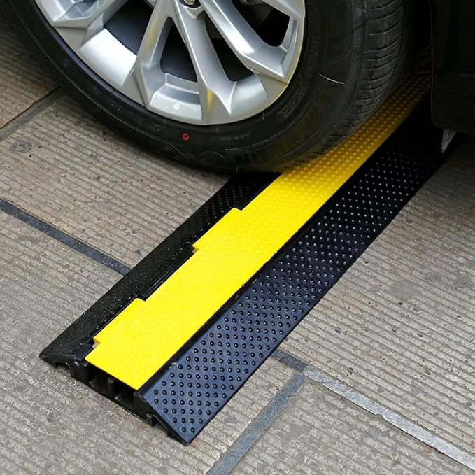 Rubber Cable Ramp Cord Cover Cable Protector Ramps Wire Hose Protective 2 Channel 22000Lbs Load Capacity Traffic Speed Bump for Asphalt Concrete Gravel Driveway Indoor Outdoor, 1 Pack