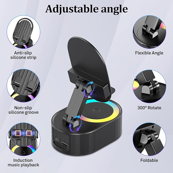 Wireless Induction Audio Bluetooth Speaker 5in1 Phone Holder Emergency Rechargeable (3000mAh) with Colorful Ambient Light 300° Foldable for Tablet iPhone Android, Gifts for Men Women (Black)