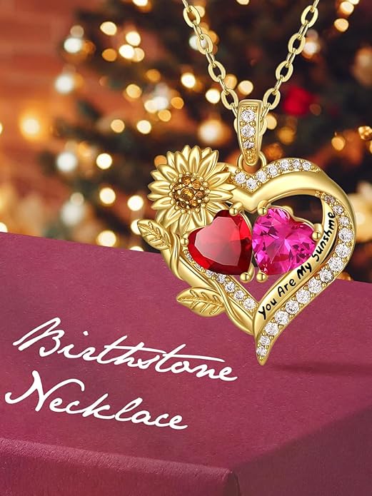 Sunflower Heart Necklace for Women 14K Gold Exquisite Valentines Day Anniversary Birthday Gifts for Wife Mother Her Double Birthstone Pendant Jewelry‘You Are My Sunshine’