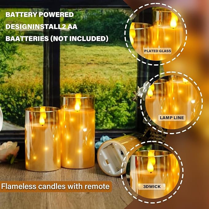 Real Wax Flameless Candles Glass,Battery Operated LED Candles with Flickering Flame,Glass Shell,Interior Star Light Decoration Set of 3 Gold (D3×H 4" 5" 6") for Home Decor,Holiday Decoration