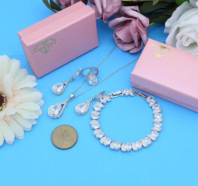 LMXXVJ Jewelry Set for Women,Teardrop Cubic Zirconia Necklace Earrings Adjustable Ring Bracelet Jewelry Set Formal Jewelry Gift