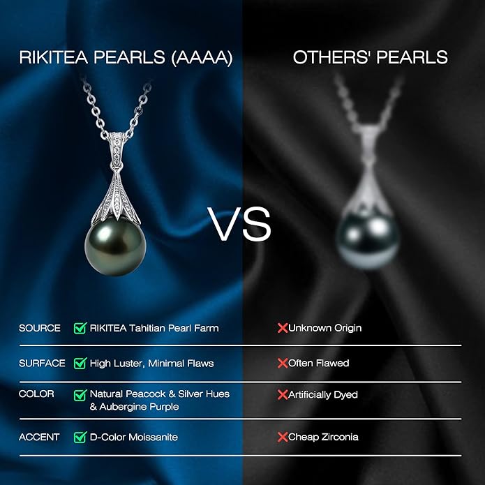 Genuine Tahitian Black Pearl Necklaces for Women, 9-12mm AAAA Seawater Pearl - Sterling Silver Moissanite Pendant, Wedding Anniversary, Birthday, Christmas Gift for Wife, Mom, Girlfriend, Fine Jewelry