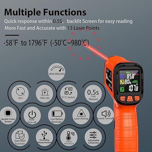 Infrared Temperature Gun -58°F to 1796°F, Dual-Mode Thermometer Gun with K-Type Thermocouple(-58°F to 572°F), Laser Temp Guns for Reptiles, Cooking, Griddle, Oven, 16:1 Home Handheld Thermometer