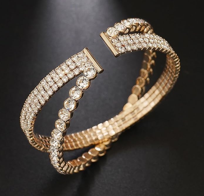 Rhinestone Bracelet for Women MultiLayer Crystal Cuff Bracelet Strand Layered Bracelet
