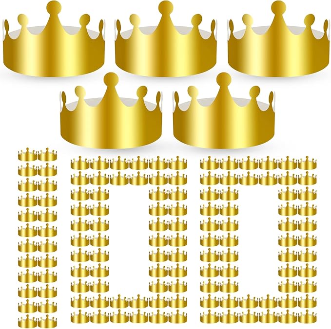 Crtiin 100 Pcs Gold Paper Crowns Birthday Party Bulk for Adults Classroom Students Hat Supplies Favors (Elegant Style)