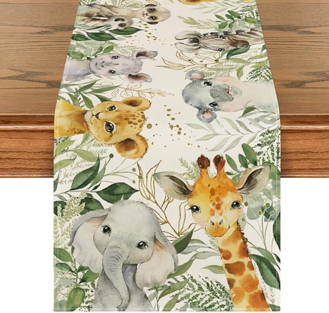 Artoid Mode Animals Elephant Giraffe Baby Shower Table Runner, Seasonal Spring Summer Kitchen Dining Table for Home Party Decor 13x60 Inch