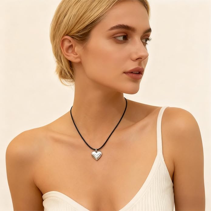 Black Cord 18K Gold Plated/Silver Heart Choker Necklace | Hypoallergenic Vibrant All-match Attractive Black String Love Necklace | Ingenious Design Emo Choker Necklace for Ladies
