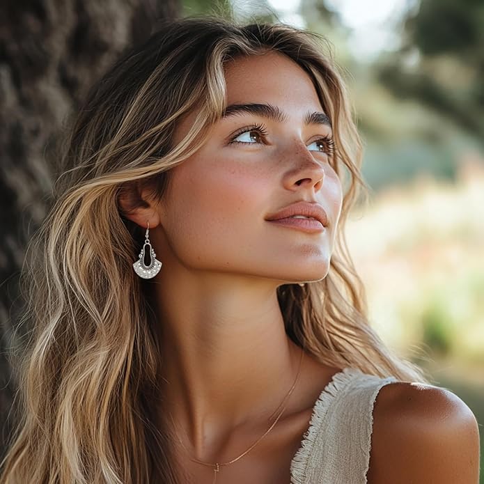 SPUNKYsoul Boho Dangle Earrings for Women – Lightweight Tribal Fan Paddle Design with Hieroglyphic Accents – Unique Handmade Gift Idea for Her