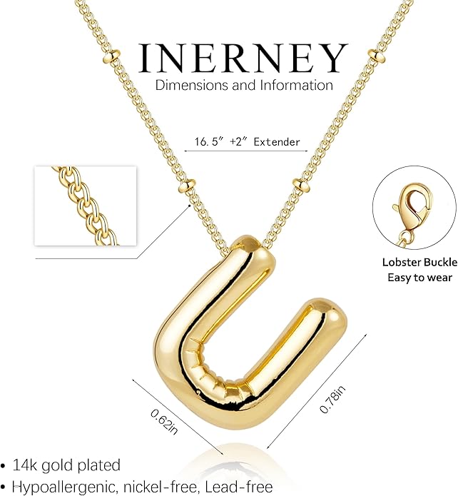 Inerney Valentines Day Gifts Gold Bubble Letter Necklace Initial Necklaces for Women, Chunky 14K Plated Balloon Initials, Trendy Charm Non Tarnish Custom Name Pendant Jewelry Gifts for Mom