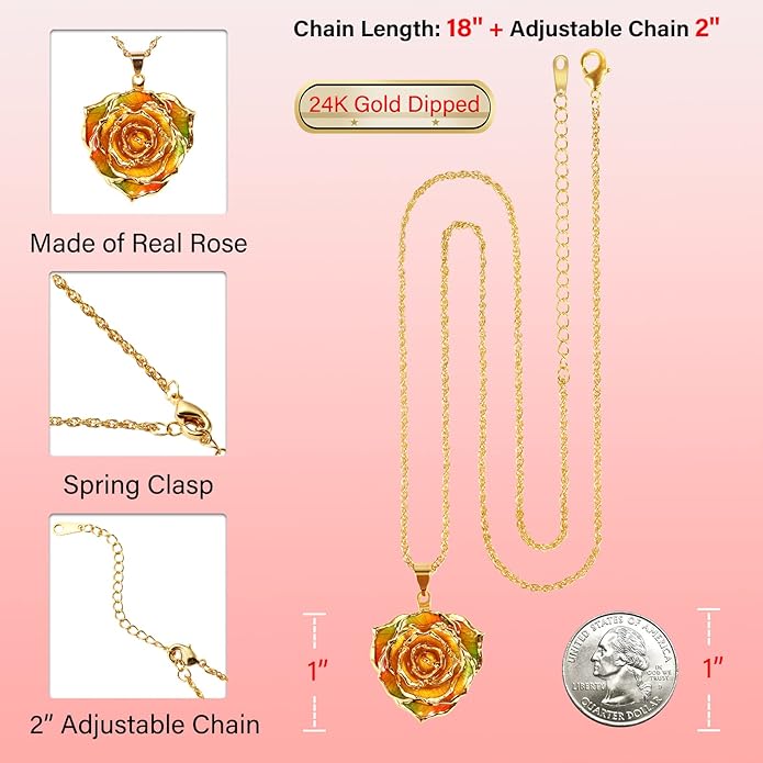 AliveRose Real Rose Gold Dipped Necklace Gifts for Women, 24K Gold Dipped Rose Pendant Necklace Jewelry Mothers Day Anniversaries Birthday Christmas Special Occasions Gifts for Her Mom Wife