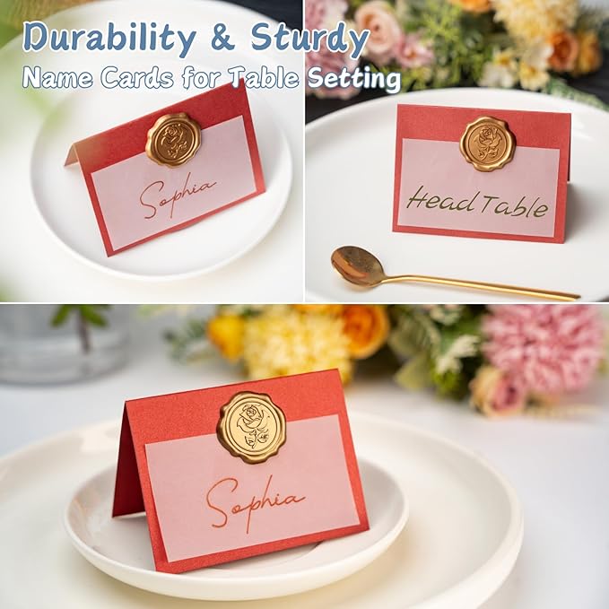 25 Pack Name Cards for Table Setting, Place Cards with Antique Gold Rose Wax Seal Sticker for Wedding, Table Tent Card Stock Handmade Decor for Party, Dinner, Home (Pearlized Wine Red)