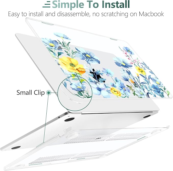 TWOLSKOO Compatible with M4 MacBook Air 15 inch Case 2025-2023 Released Model M4 A3241 M3 A3114 M2 A2941, Plastic Hard Shell & Screen Protector & Keyboard Cover & Type C Adapter, Blue Flowers