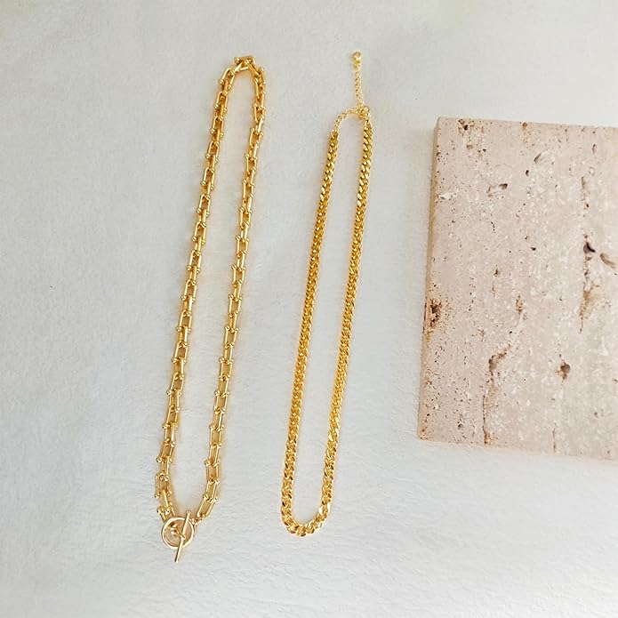 Gold Necklace for Women Layered 14k Plated Tendy Chunky Gold Necklace Cuban Link Choker Paperclip Chain Stackable OT Toggle Clasp Hypoallergenic Fashion Chunky Statement Jewelry Gifts for Women