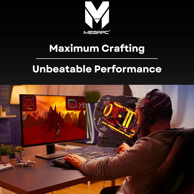 MegaPC Upgraded Open-Frame Mid-Tower Micro-ATX/Mini-ITX Gaming PC Case, Tempered Glass Side Panel, Pre-Installed ARGB PWM Fan, with USB3.0, USB-C, 240mm Radiator Support (Black)