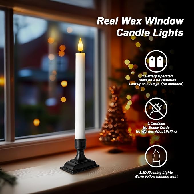 Homemory Real Wax Window Candles with Remote Timer Dimmer, Flameless Taper Candles with Holders, Christmas Candle for Window Battery Operated, LED Candlesticks for Home Holiday Decor, 6 Pcs White