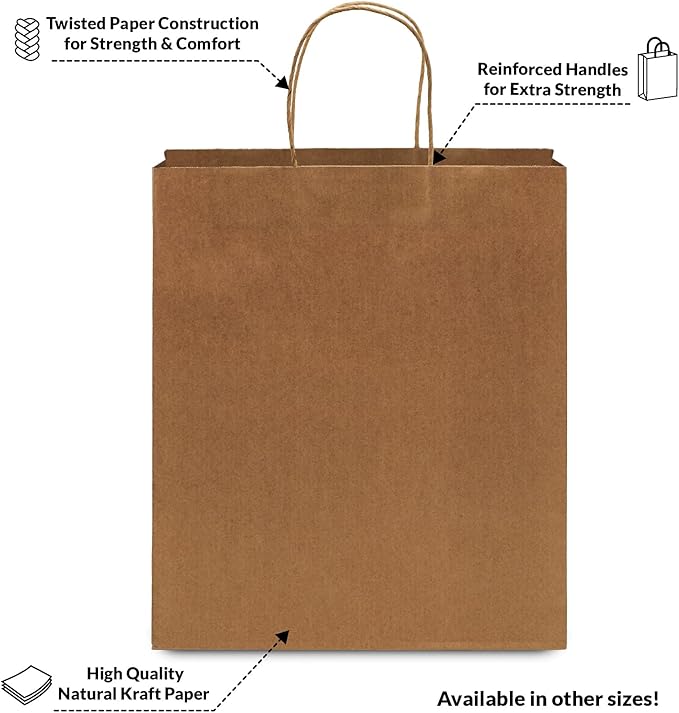 Prime Line Packaging Brown Paper Bags, Medium Shopping Bags with Handles for Small Business, To Go Food, Grocery, Retail, Party Favors, 10x6.75x12, 50 Pack