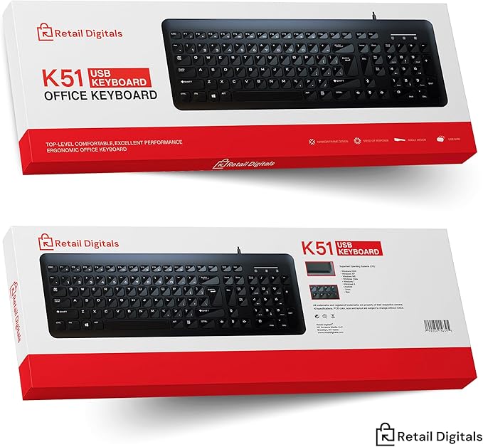 Wired USB Keyboard | Full-Sized | Ergonomic | Soft Typing | QWERTY Layout | Black