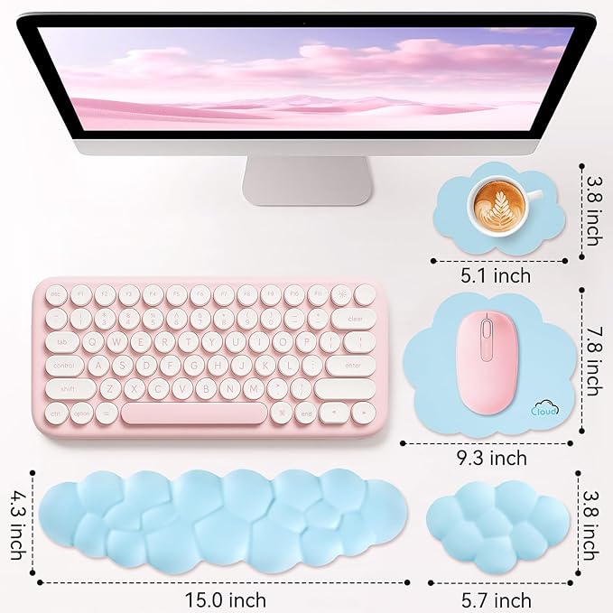 Cloud Wrist Rest for Computer Keyboard, 4-in-1 Memory Foam Leather Cloud Keyboard Wrist Rest and Mouse Pad Set with Ergonomic Support for Arm and Palm Cushion, Gaming/Work Setup, Blue