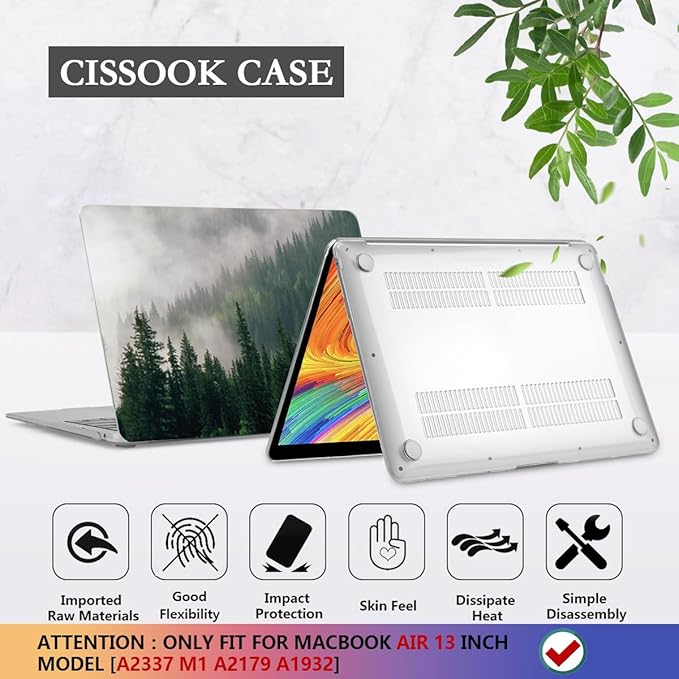 CISSOOK Compatible with MacBook Air 13 inch Case 2021 2020 2019 2018 Release A2337 M1 A2179 A1932 with Touch ID, Plastic Hard Shell Case &Keyboard Cover &Screen Protector for MacBook Air 13, Forest