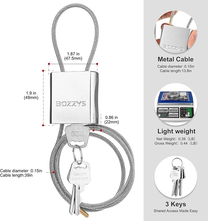 Cable Lock with 3 Keys | L 3.28ft(1m),D 1/6in(4mm) Adjustable Steel Cable Padlock | Aluminum Locks for Bikes, Gate, Lockers & Outdoor Gear | Weatherproof& Silver