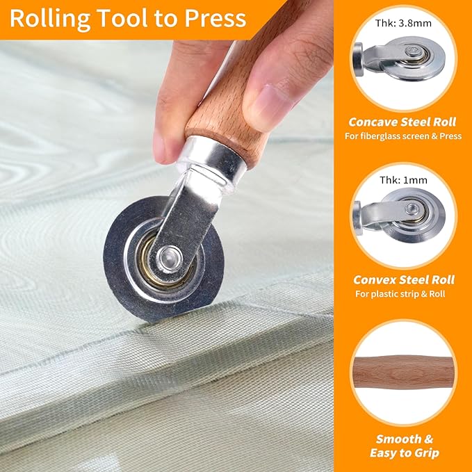 4 in 1 Window Screen Repair Tool Kit,Including 32Ft Spline(Diameter 0.137IN),Steel Roller Tool with Bearing,Spline Removal Hook and High Quality Scissors,for Installing Door and Window Mesh Screens.
