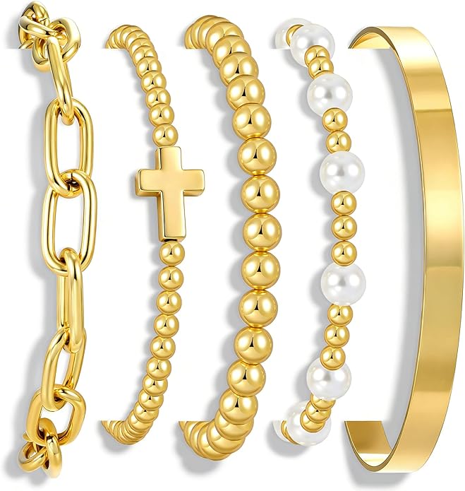 Valentines Day Gifts for Her Teen Wife Gold Beaded Bracelets for Women, 5 Pcs Dainty 14K Gold Plated Chunky Stretch Bead Ball Bracelet Stack