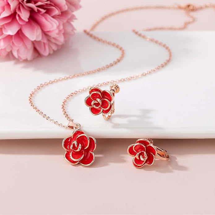 Dainty Rose Flower Pendant Necklace Clip On Earrings Set for Women 14K Gold Plated Hypoallergenic Jewelry Sets