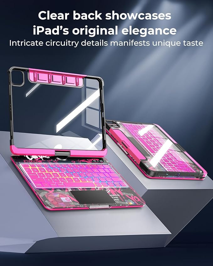 TSQQST Clear Wireless Keyboard Case for iPad (A16) 11th Generation 11-inch 2025/ iPad 10th Generation 10.9-inch 2022 with Pencil Holder & Multi-Touch Trackpad, 7-Color Backlight, 360 Rotatable, Pink