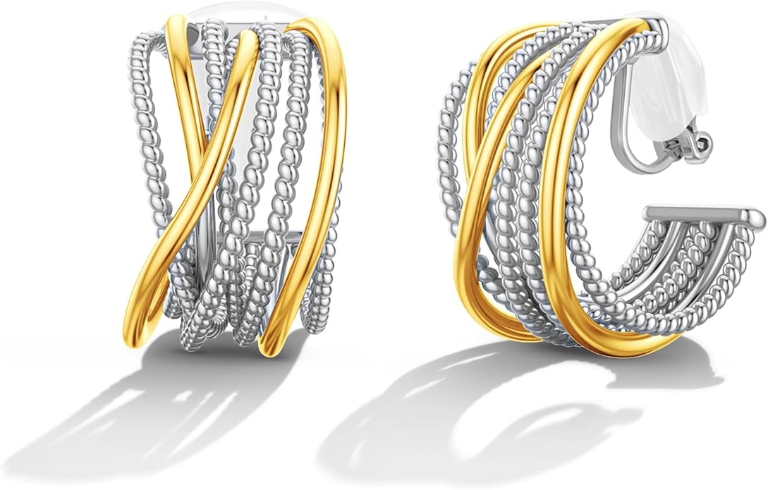 Gold and Silver Clip-On Earrings Two Tone Mixed Metal Clip-On Earrings Chunky Hoop Clip Earrings