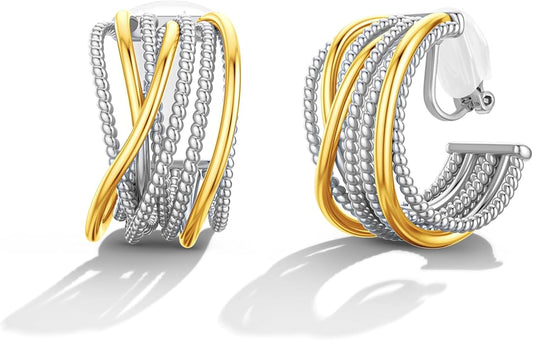 Gold and Silver Clip-On Earrings Two Tone Mixed Metal Clip-On Earrings Chunky Hoop Clip Earrings