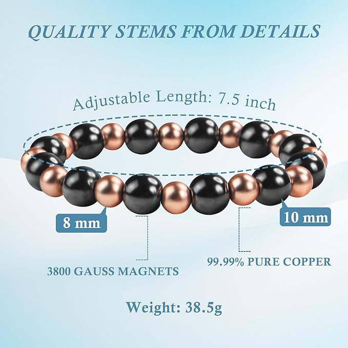 Copper Bracelet for Men Magnetic Bracelets as Valentines Gifts for Him, Dainty Copper Jewelry with 3800 Gauss Magnet, Weighted Bracelet for Men Beaded Bracelet Pulsera De Cobre Para Hombres