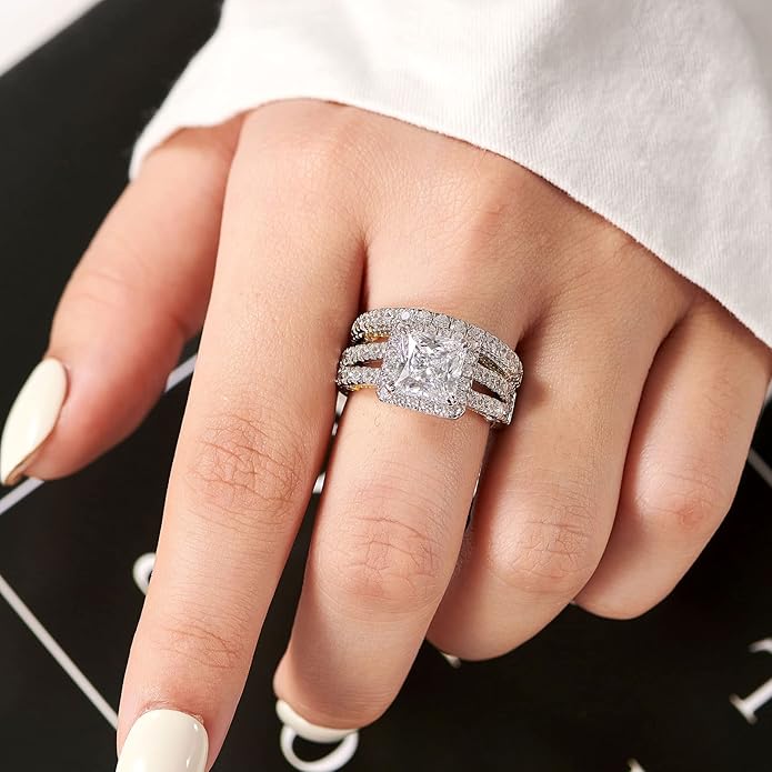 Wuziwen Princess Cut Engagement Rings for Women Sterling Silver Cubic Zirconia Wedding Bridal Ring Set