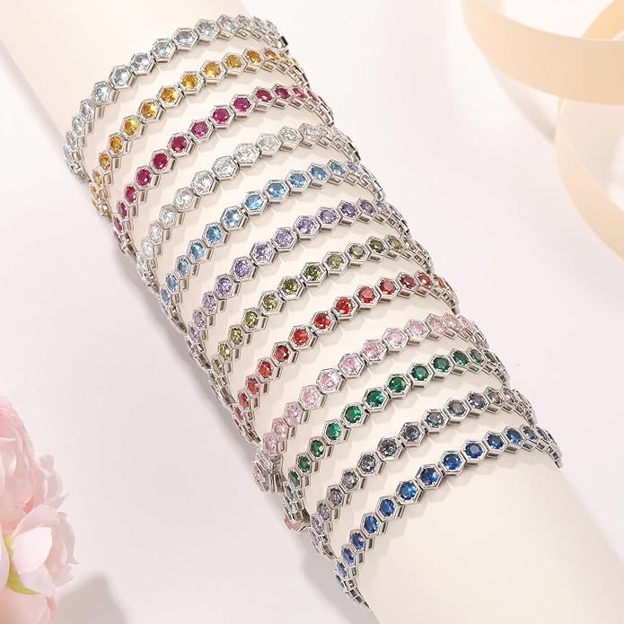 Birthstone Tennis Bracelets for Women Birthday Gifts 925 Sterling Silver Hexagon White Gold Bracelets Round Cut 5A Cubic Zirconia Prong Setting 7 Inch Anniversary Jewelry Gift