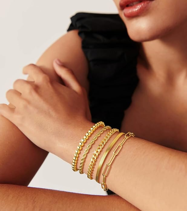 Howoo Gold Bracelets for Women Beaded Initial Bracelet Stack Dainty Heart Stretch Gold Charm Bracelet Jewelry for Women Trendy