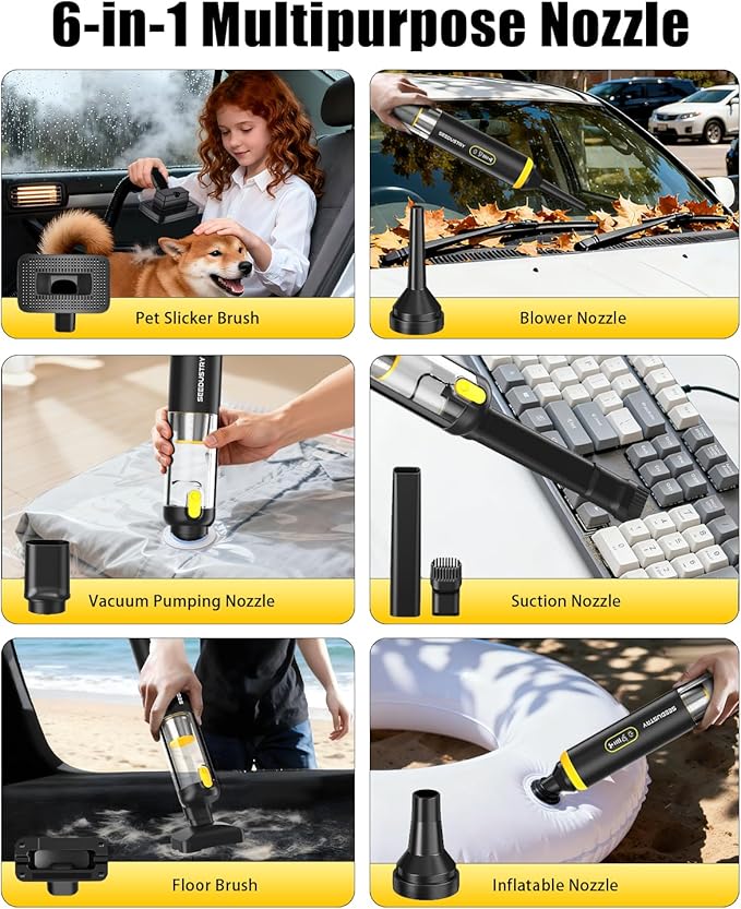 SEEDUSTRY Handheld Vacuum Cleaner Cordless, Mini Car Vacuum/Portable Pet Grooming Vacuum Cleaner, 3 Suction Modes-Up to 18000pa, 6 Blow & Suck & Deflate & Inflate Nozzles for Car, Pet, Office, Home