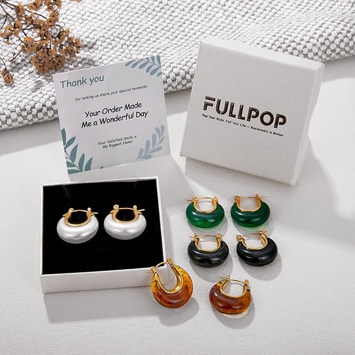 Fullpop Vintage Earrings for Women, Chunky 14K Gold Plated Resin Hoop Earrings Lightweight Hollow Drop Earrings Hypoallergenic Earrings for Women Vintage Anthropologie Jewelry Gifts for Women