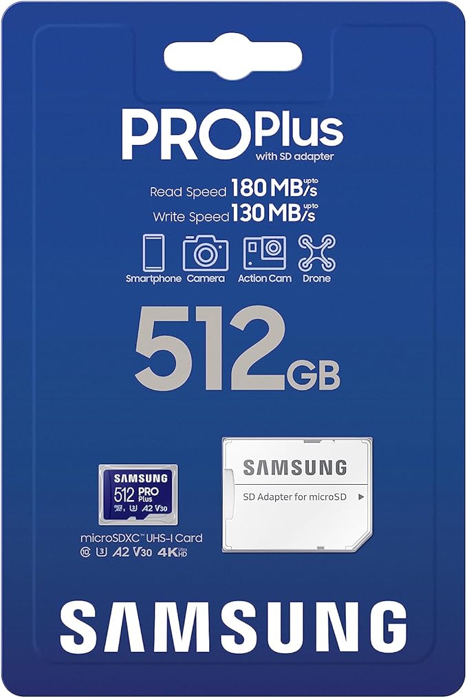 Samsung PRO Plus microSD Memory Card + Adapter, 512GB microSDXC, Up to 180 MB/s, Full HD & 4K UHD, UHS I, C10, U3, V30, A2, for Android Smartphones, Tablets, GoPRO, and DJI Drone (MB MD512SA/AM)
