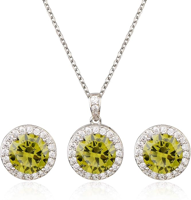 Bridal Crystal Jewelry Set - Sterling Silver Round Cubic Zirconia CZ Rhinestone Halo Birthstone Pendant Necklace Stud Earrings Set for Wedding Bride Bridesmaids Birthday Gift