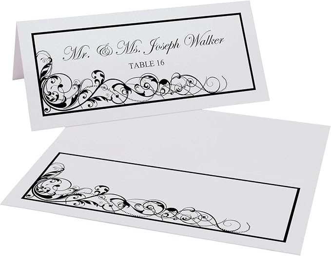 Scribble Vintage Swirl Printable Place Cards, Black (Choose Color), Set of 150 (25 Sheets), Laser & Inkjet Printers - Wedding, Party, Dinner, and Special Events - Made in the USA