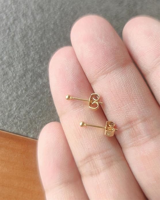 14K Gold Filled Polished Small CZ Pearl Ball Stud Earrings Set for Women Men 20G Surgical Steel Hypoallergenic Piercing Studs for Sensitive Ear, Pack of 6 Pairs