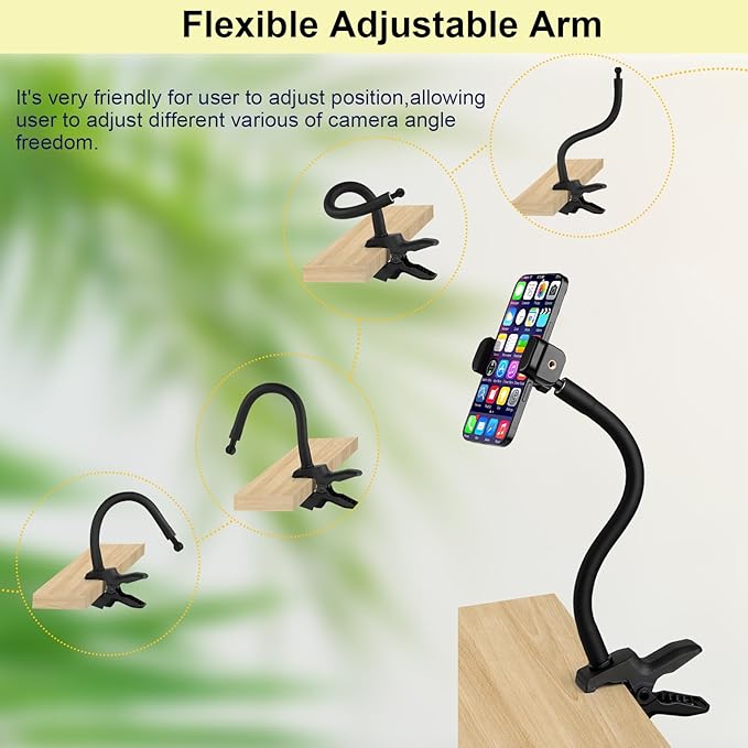 Gooseneck Phone Holder Jaws Flex Clamp Clip Mount,11.8" Long Gooseneck Arm Aluminum Alloy Ball Head Mount for Desk/Table/Pole/Board,Compatible with 3.5~7.5" iPhone/HTC/LG/Nexus/Smartphones-1 Pack