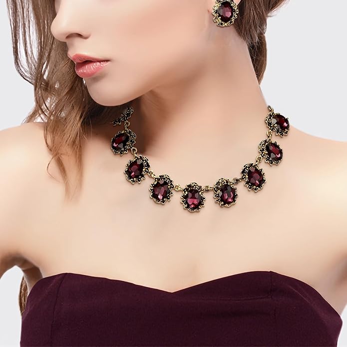 BriLove Victorian Style Statement Necklace Pierced Earrings Jewelry Set for Women Crystal Floral Cameo Inspired Oval Jewellery for Party Prom