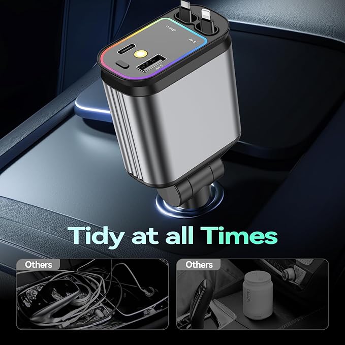Fast Car Charger with Starlight, 4 in 1 Retractable Car Charger, 69W USB C Adapter, Cars Accessories with Starlight Roof, 2 USB Ports Phone Cars Chargers Compatible with iPhone 16 15 14 and Android