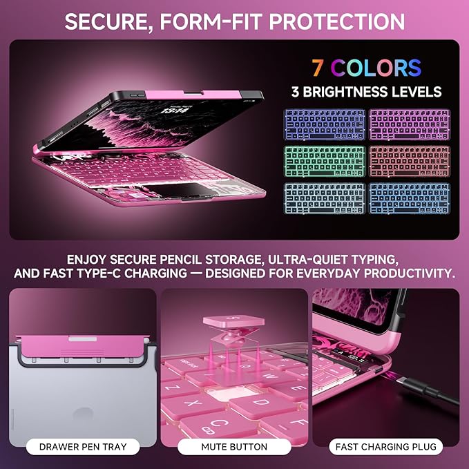 Transparent Case with Keyboard for 2024 iPad Pro 11-inch(M4),with 7-Color Backlit Wireless Keyboard, 360°Rotatable Protective Case Multi-Touch Trackpad,with Pencil Holder,with Shortcuts,Pink